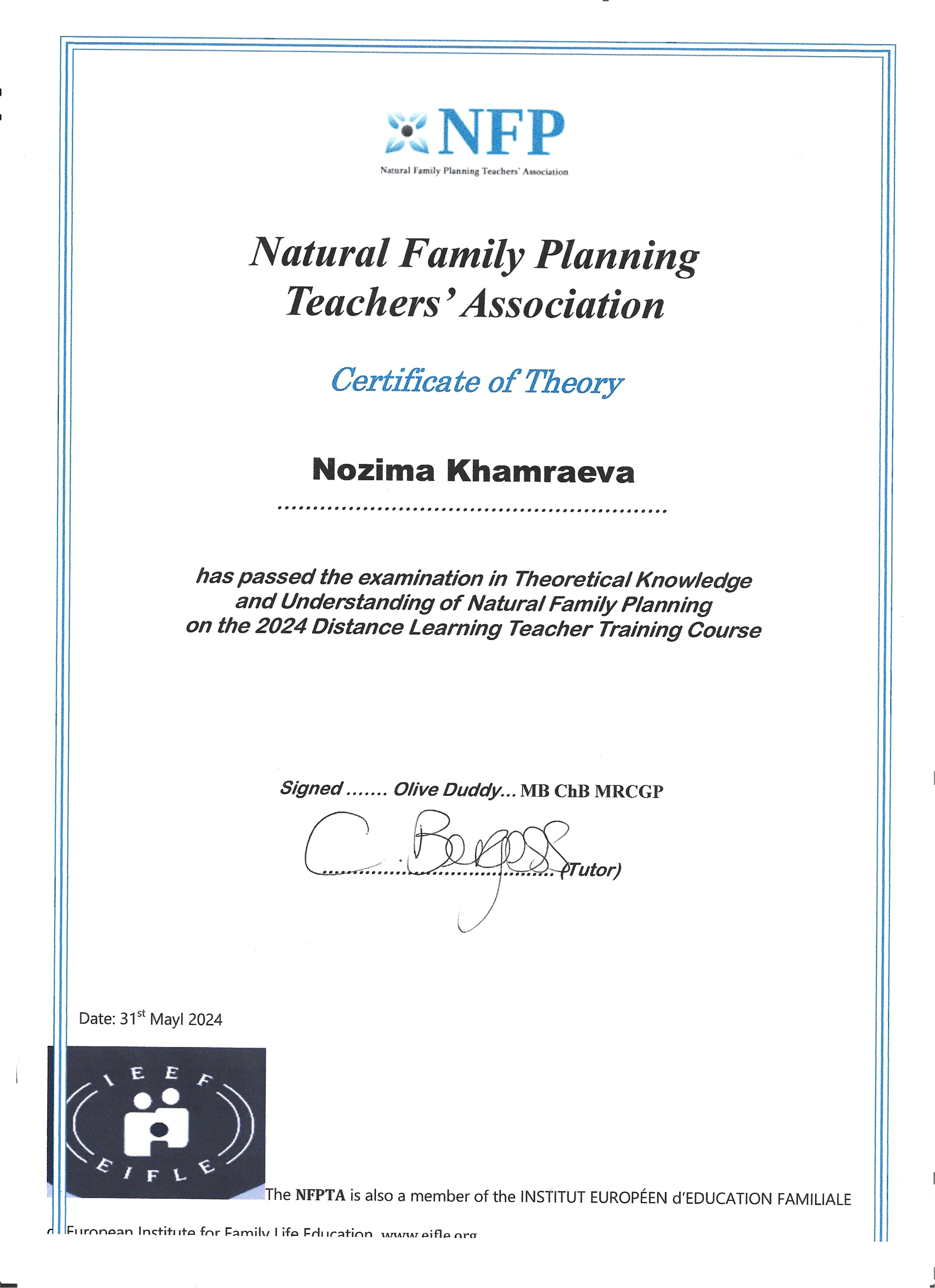NFP sertifikati — Natural Family Planning Teachers' Association